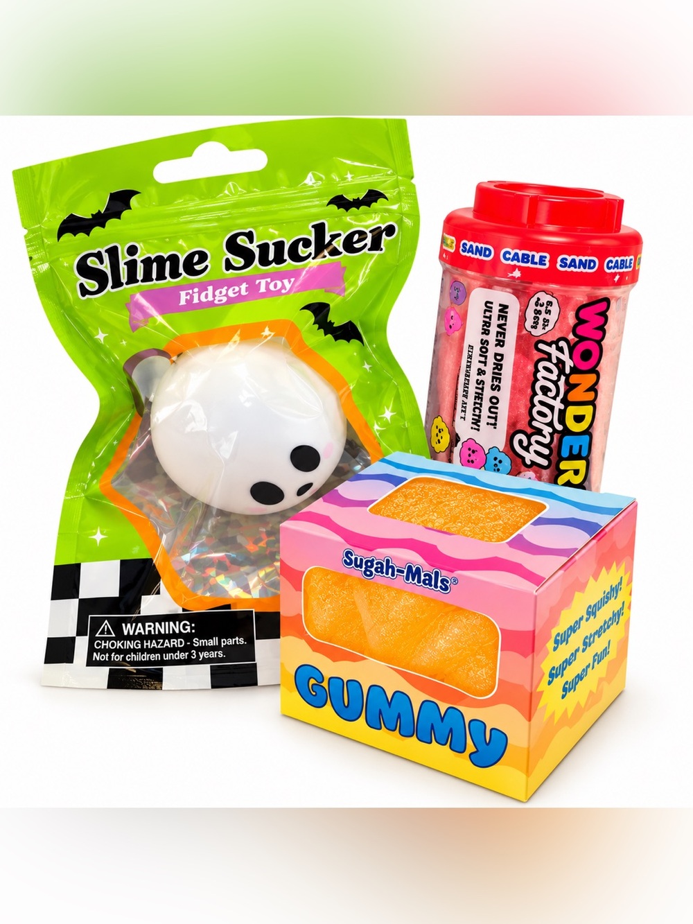 Sugah-Mals Gummy Squishy, Wonder Factory Never Dry Sand & Slime Sucker Bundle